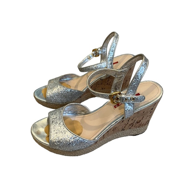 Prada Silver Glitter Cork Wedge Sandal, Sz 40 - Picture 4 of 16